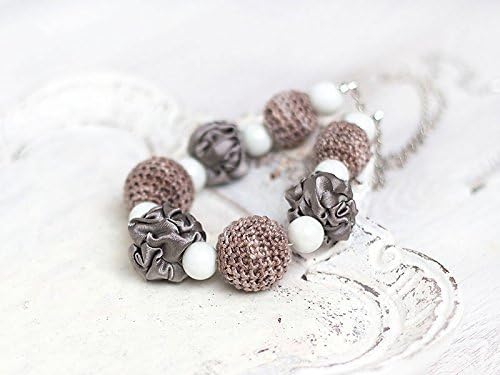 Taupe necklace with crocheted and fabric beads HANDMADE