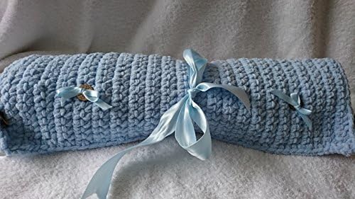 Cute as a button "It's a boy" - pale blue handmade chunky crochet baby blanket with knitted hat and mittens set. Suitable for newborn baby. Blanket will fit car seat, pushchair, carrycot, moses basket or crib.