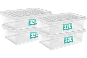 Optimal Products 4 x 32 L Underbed Storage Boxes With Lids Set of 4, Clear Multipurpose Nestable Stackable Plastic Storage Box With Lid Clear Containers For Home, Kitchen, Garage, Office, Accessories