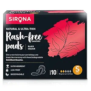 Sirona Natural Biodegradable Super Soft Black Sanitary Pads/Napkins - 10 Pieces, Small (S) Day Pads - Antibacterial, Ultra Thin and Rash Free Protection