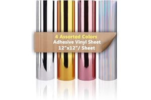 HEINAROMAN 4 Pack Feuilles de Vinyle Chromée Métallique - 4 Couleurs Permanent Film Autocollant Auto-Adhésif 30,5x30,5cm (Doré, Argenté, Or Rose, Argenté Holographique)