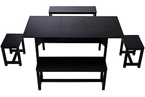 Warmiehomy 5pcs Dining Room Sets, Wooden Expandable Dining Table 4-6 Seater with 2 Stools and 2 Benches, Kitchen Dinner Table and Chairs Set for Home, Black