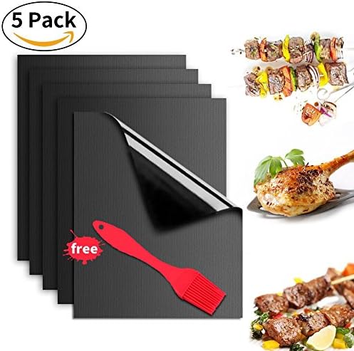 BBQ Grill Mat Set of 5 by SKYIOL, Stick Oven Liner Teflon Barbecue Cooking Mats, Perfect for Baking on Gas, Charcoal, Oven and Electric Grills - Reusable, Durable, Heat Resistant Barbecue Sheets For Grilling Meat, Veggies, Seafood, with Oil Brush - FDA Certified (Black 5 Pieces)