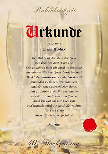 Rubinhochzeit Urkunde persönliche Geschenk Karte zum 40. Hochzeitstag Pergament div. A4 Papier Motive - 5