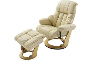 ‎ROBAS LUND Robas Lund Relaxsessel Calgary mit Hocker, bis 130 kg belastbar, drehbarer Fernsehsessel mit Liegefunktion, Echtleder creme, Gestell Holz natur