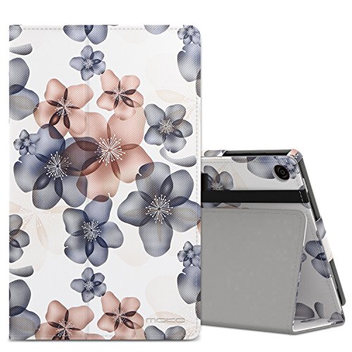 MoKo Hülle für Fire HD 8 2016 - Kunstleder Ständer Schutzhülle Smart Cover mit Auto Schlaf / Wach Funktion und Stift-Schleife für Fire HD 8 Tablet (6. Generation - 2016), Blumen Marineblau