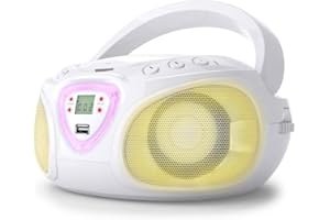 AUNA Roadie - CD Player Portable, Boombox, Radio CD Player, Stereo System, CD Boombox, Bluetooth 2.1, LED Disco effect, USB, FM, 2 x 1.5 watts RMS, Power and Battery, MP3/WMA, FM/AM, White