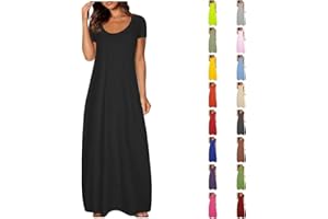 HOOUDO Summer Dresses for Women UK Casual Short Sleeve Cotton Swing Long Maxi Dress Scoop Neck Flowy Sundress with Pockets for Beach Holidays