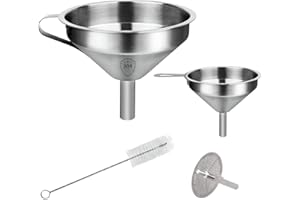 Embudo Acero Inox, XiXiRan Set de Embudos de Cocina, Embudos Acero Inoxidable con Mango y colador Desmontable y Cepillo para Tubos