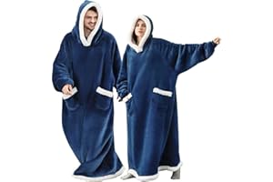 CASKIE Extra Long Pull Plaid à Capuche Femme Homme, Flannel Blanket Hoodie, Wearable Couverture Grand Sweat a Capuche Sherpa Adulte avec Manche et Poche, Géant Chaud Doux