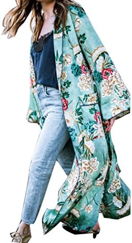 Women's Boho Long Sleeve Cardigans Long Maxi Dresses Coat Floral Print Cover Up Tassels Kimonos S-3XL
