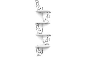 Alsonerbay Corner Shelf Wall Mount of 4 Tier Corner Shelves Rustic Wood Floating Shelf Dog Shape Metal Corner Stand for Bedroom Living Room Bathroom Office White