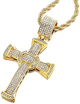 Herren Damen Große Gold Kreuz Anhänger mit Zirkonia Edelstahl-Halskette 75cm Stahl Seilkette