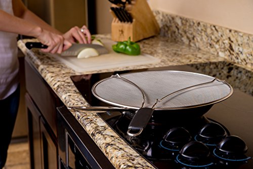 Engmaschiges Spritzschutzsieb aus Edelstahl mit Standfüßen mit hitzebeständigem Griff von LiveFresh Ein Fettschutz, der auf jeden Topf oder jede Pfanne passt und Spritzen verhindert,33 cm Durchmesser - 7