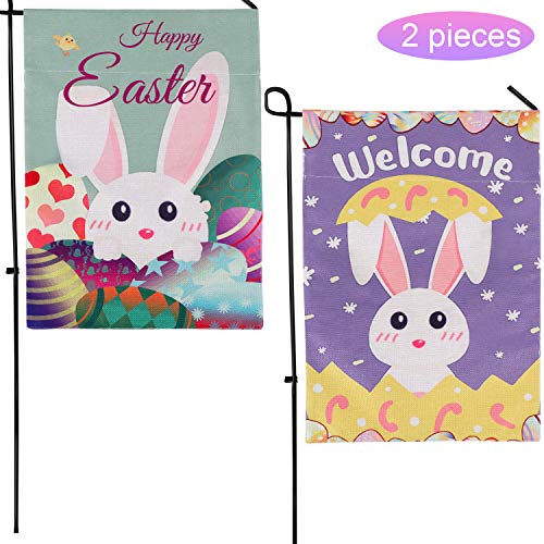 Chengu 2 Pieces Easter Garden Flag Bunny Easter Egg House Flag Welcome Yard Flag for Spring Indoor Outdoor Decoration