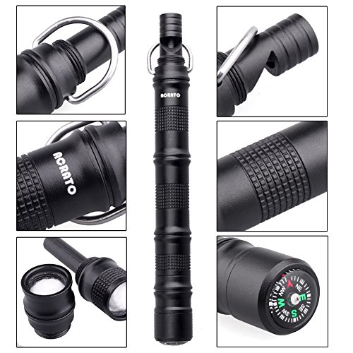 ACRATO Kubotan Tactical Pen Outdoor Überlebenstool Taktisches Multifunktionswerkzeug mit Mini Kompass Messer Notfallpfeife Feuerstahl und Schlüsselring für Camping Geschenk Schwarz - 4