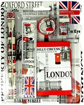 Back to School Gift Set - London Icons and Names Printed Gift Set with Pencil, Ruler, Eraser and Wallet - London Souvenir