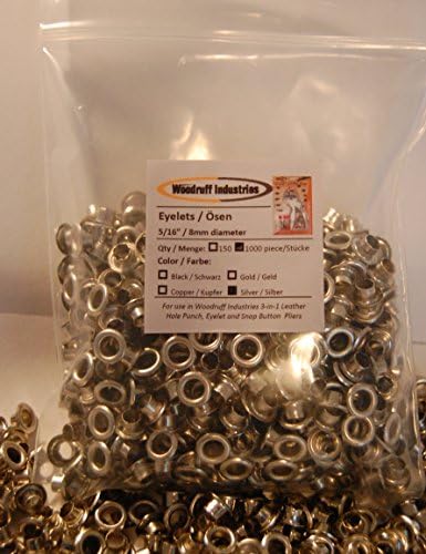 1000 SILVER Colour eyelet pieces 8mm (5/16”) finished size | 5mm (13/64") hole size | 3.1mm (1/8") length shank | Nickel plated iron metal Eyelets for Arts, Crafts, Shoes, Clothes, Scrapbook | Suitable for use in Woodruff Industries 3-in-1 Leather Hole Punch, Eyelet Insertion and Snap Button Insertion | Self-backing eyelets, one single piece creates one complete eyelet. | Note: possible colour and shape variation from bonus kit samples. Quality from Woodruff Industries