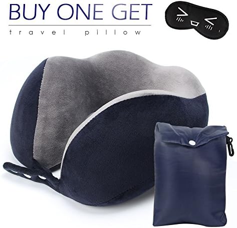 Wiltop Travel Memory Foam Pillow Neck Support Pillow Eye Mask Comfort in Any Sitting Position for Airplane Car with Eyeshade (Blue)