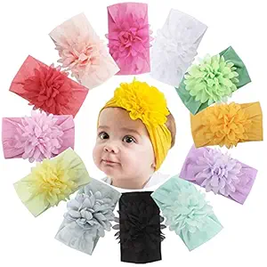 ANH MART Elastic Stretchy Elastic Soft Nylon Bowknot Velvet Bow Headbands Hairband Bows Knot Turban Headwraps Hair Bows Accessories for Kids Toddler Infant Newborn Baby Girl Pack Of 4 (FLOWER BAND)