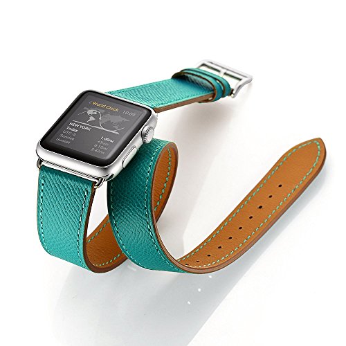 Apple-Uhrenarmband , kartice Luxus Strukturierter echtes Leder-Uhrenarmband -Gurt-Armband Ersatzhandgelenkbänder mit Adapter Haken für iWatch Apple-Watch & Sport & Edition (42mm, Doppel Tour Pfauenblau) - 2