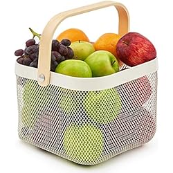 EZOWare Panier de Rangement Décorative en Treillis Métallique avec Manche en Bois pour Cuisine, Salle de Bain - Blanc, 24 x 24 x 16 cm