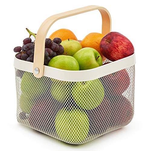 EZOWare Panier de Rangement Décorative en Treillis Métallique avec Manche en Bois pour Cuisine, Salle de Bain - Blanc, 24 x 24 x 16 cm
