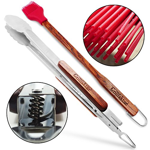 Grillzubehör Geschenk Set von Grillfaktur / Lange Edelstahl Grillzange (45 cm) / Grillpinsel mit Silikonborsten und langem Griff (42 cm)