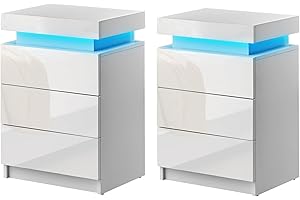CLIPOP Nachttisch 2er Set mit LED-Beleuchtung,Einstellbare Farben,Beistelltisch Nachtschrank mit 3 Schubladen und 1 Verstecktes Staufach,Hochglanz Wohnzimmer Schlafzimmer Möbel