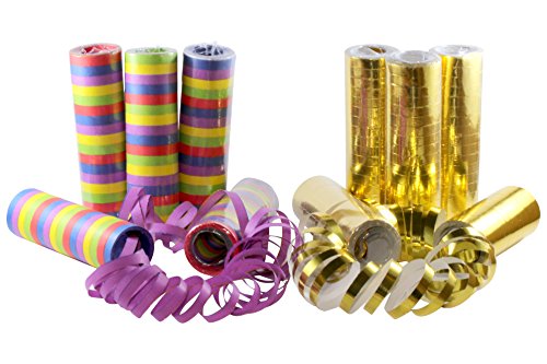 KIDDYPARTY Luftschlangen, 10er Pack PREMIUM Qualität Papierschlangen, 5 Stück Gold/weiß metallic, 5 bunte & schwer entflammbar. Für Deko, Geburtstage, Parties, Karneval, Hochzeiten und Silvester. - 7