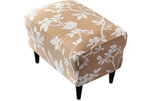 Highdi Funda Otomana Rectangular, Funda de Reposapiés de Sofá, Funda para Taburete Elástica Extraíble Estampada Moderno Protector de Puff con Parte Inferior Elástica (Rama de Flor Blanca)