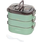 Vagonlife Bento 1450ml Lunchbox &Uuml;&ccedil; Katlı 5 B&ouml;lmeli ve Mini Sosluklu &Ccedil;elik Sefer Tası Yemek Kutusu (Yeşil)