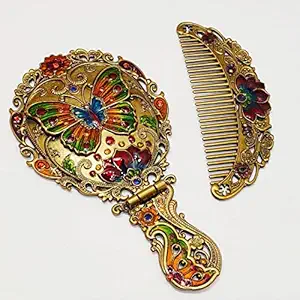 Creative hub Handicraft Metal Hand Mirror and Comb for Girls and Boys (Multicolour) Metal Hand Mirror and Comb/ Antique Work Beautiful Comb and Mirror Set for Women and Girls,