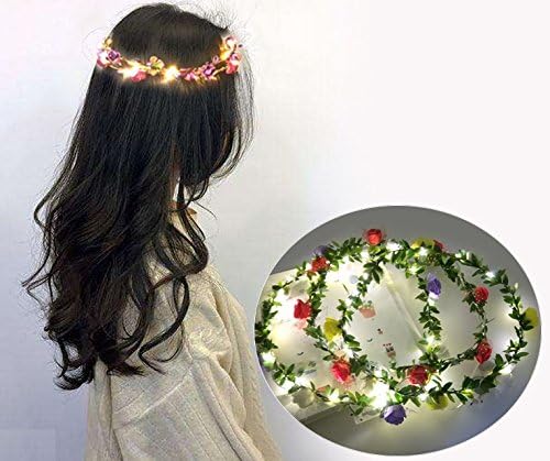 LED Flower Wreath Headband,OLEEDA Crown Floral Garland Wedding Hairband Headdress with LED Light Mixed Color Set of 4 LED Flower Crown for Wedding Festival