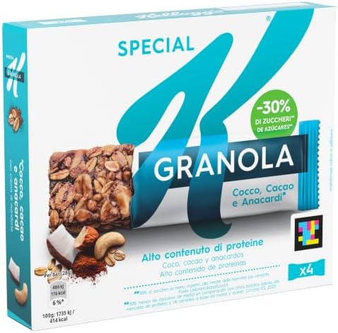 Kellogg's Special K Barretta | Gusto Cacao, Cocco & Anacardi | Croccanti Fiocchi Multicereali | 21% di Proteine | 4 barrette da 28g (Confezione da 112g)