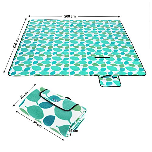 SONGMICS Picknickdecke, 200 x 200 cm, groß, Campingdecke, für Park, Garten, Strand, wasserdicht, maschinenwaschbar, faltbar, türkise Blätter GCM78Y – Bild 4