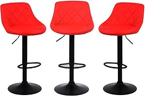 MILLIES DESIGN Set of 3 matching CORDOBA Bar Stools Set with Backrest, Leatherette Exterior, Adjustable Swivel Gas Lift, Black metal parts for Breakfast Bar, PACK OF 3 ! (RED)