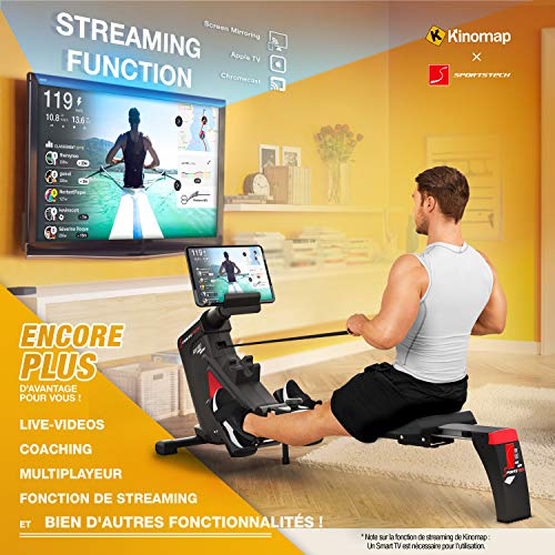 Sportstech 2in1 rameur Professionnel Pliable RSX600 - Marque Allemande de qualité - Vidéo Events et système de freinage magnétique multijoueur APP & 16 programmes d'entraînement, Mode compétition