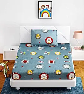 SinghsVillas Decor Super Heavy Glace Cotton Cartoon Print 260 TC Single Bed Bedsheet for Kids with 1 Pillow Cover (Blue, Standard Size)