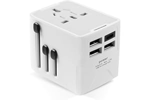 AXFEE Uniwersalny adapter podróżny, adapter wtyczki z 3 USB i 1 typem C, podwójny bezpiecznik międzynarodowy do USA, UK, AUS, ponad 200 krajów (biały)