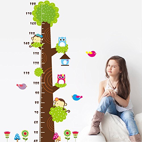 Missley bnehmbares wiederverwandbares Körpergröße Wandbild in Tier Stil Serie Cartoon Animal Wallsticker Wandtattoo für Kinder Messlatte Messen Aufkleber für Wohnzimmer und Kinderzimmer Deko Wandpapier in verschiedene Größe und Motive (Affe Eule und Grün Baum)(81*144) - 4