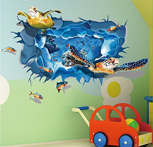ufengke 3D-Unterwasserwelt Lebendige Schildkröten Wandsticker,Wohnzimmer Schlafzimmer Entfernbare Wandtattoos Wandbilder - 2
