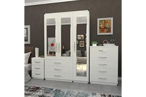 GENERIC Ready to Use Assembled Wardrobe Set, 3 Door Mirrored Wardrobe 116cm, 5 Drawer Chest 74cm, 3 Drawer Bedside 40cm, White