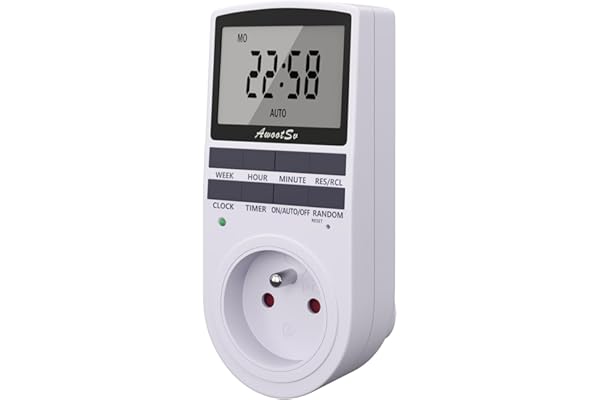 Awootsv Prise Programmable Digitale Minuterie Numérique Journalier/Hebdomadaire Programmateur Prise Electrique avec Ecran LCD et Mode Aléatoire (1 Pack)