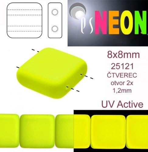12 pcs Czech Glass Square Beads 2 Holes ESTRELA NEON (UV Active) 8x8 mm Yellow