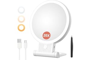‎AUXMIR Auxmir Lusterko kosmetyczne z oświetleniem, 20/1-krotne, dwustronne lustro powiększające ze światłem, możliwość ściemniania, lustro stołowe, 3 kolorowe światła, 2000 mAh, składane lusterko do makijażu