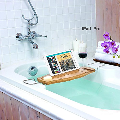TOP-MAX badewannenablage ausziehbar Bambus Ablage Badewanne Rack Badewannenbrücke Bad Caddie mit buchstütze für Lesung Buch IPad Pro Glashalter für Wein oder Sekt Weihnachtsgeschenk - 6