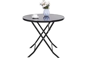 The Fellie Garden Table Outdoor Dining Table Tempered Glass Top Coffee Table Folding Patio Side Table(Round Folding-80x80x70cm)