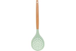 MOVKZACV Silicone Skimmer Spoon, Non-Stick Silicone Slotted Skimmer Spoon, with Heat-Resisting Comfortable Wooden Handle, Durable Draining Spoon for Kitchen Cooking, Vegetables, Meat, 12.6 Inch(1pc, Green)