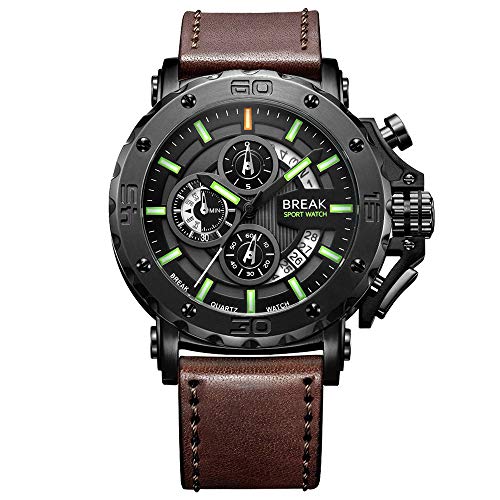 BREAK Reloj de Lujo para Hombre Deporte de Moda Militar Correa de Cuero Calendario Impermeable Cronógrafo Cuarzo Analógico Relojes